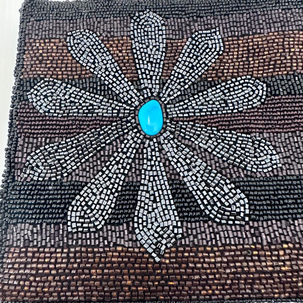 Black Beaded Flower Handbag Evening Bag Turquoise Accent‎ - Picture 10 of 10